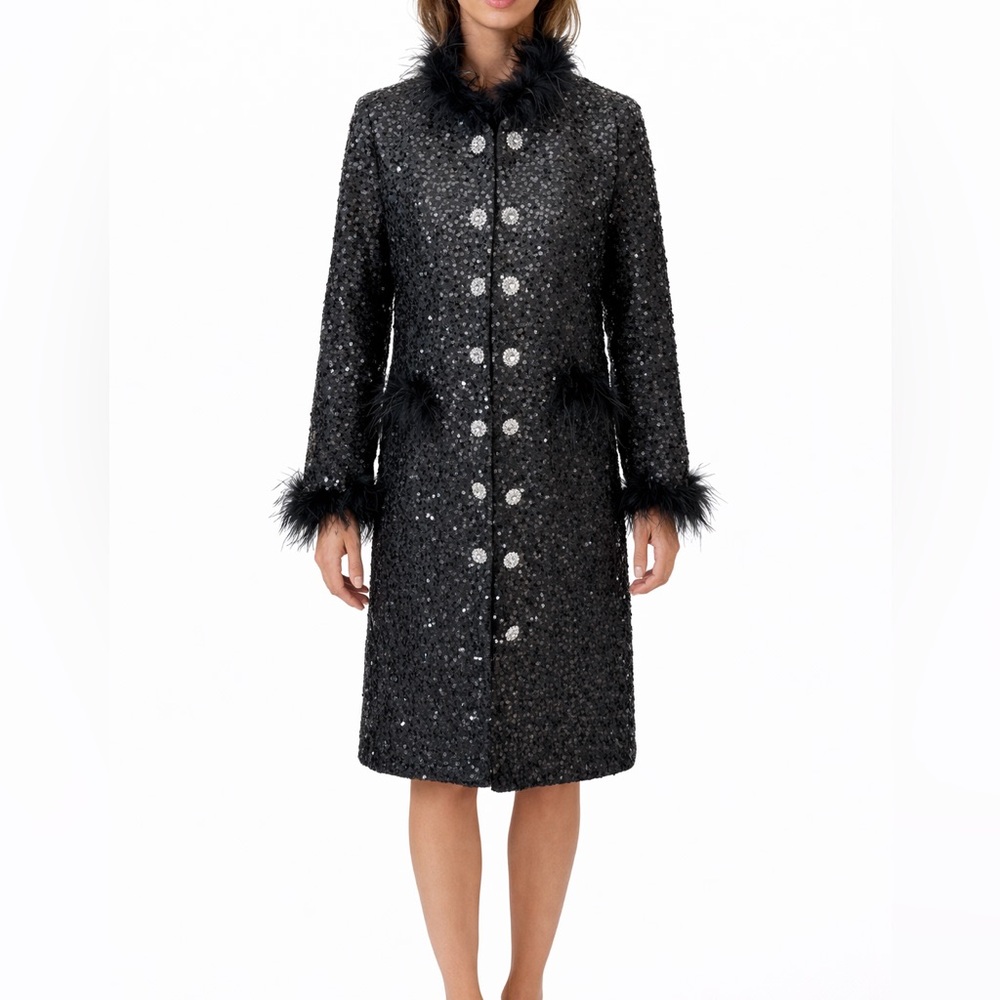 Black Sequin Faux Fur Long Jacket